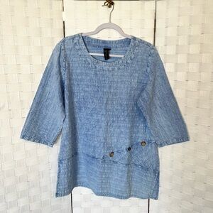 Focus Casual Life Blue Asymmetrical Top Size Medium Artsy Lagenlook 100% Cotton